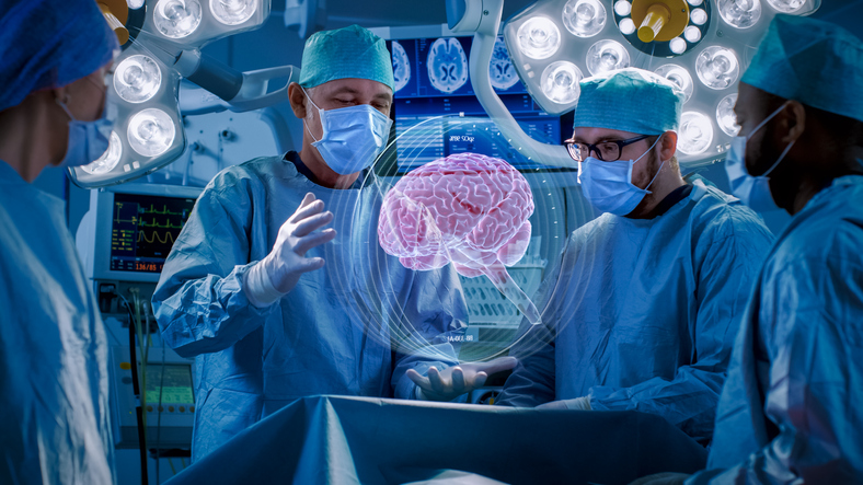 מנתחים מבצעים ניתוח מוח באמצעות מציאות רבודה, מוח תלת מימד מונפש. ניתוחי מוח
