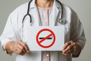 רופא מחזיק שלט עם תמרור אסור לעשן
